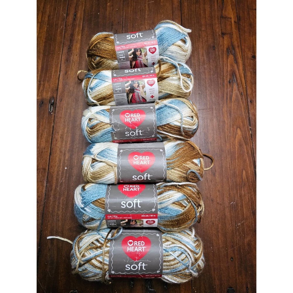 Red Heart Soft Yarn Icy Pond 6 Skeins Variegated Blue Tan Cream